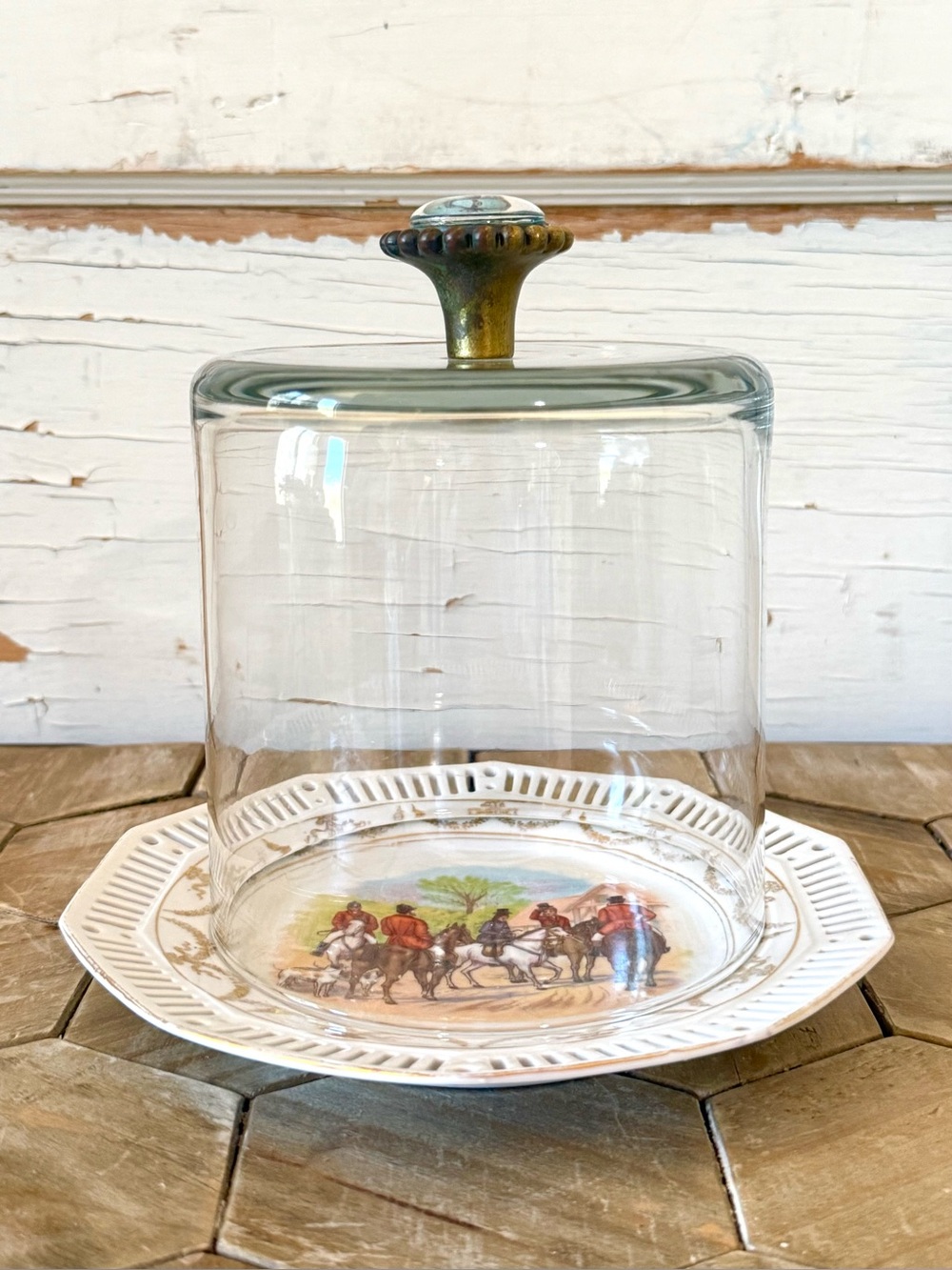 Vintage Equestrian Ralph Lauren Inspired Glass Cloche, Porcelain Fox Hunt Base